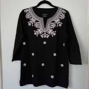 Talbots Black Tunic with White Floral Embroidery Size M